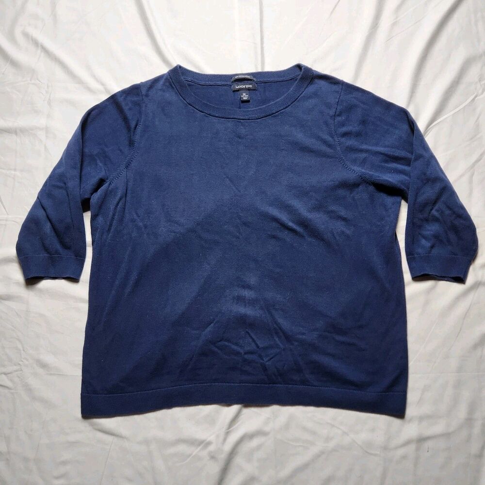 Lands End Womens 1X 16W-18W Supima Cotton 3/4 Sleeve Crew Neck Knit Sweater Blue